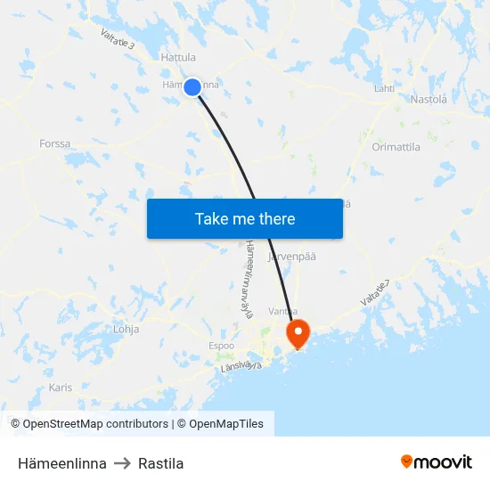 Hameenlinna to Rastila map