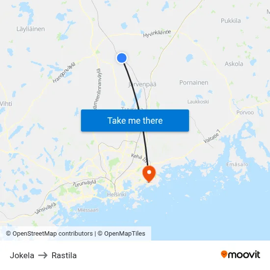 Jokela to Rastila map