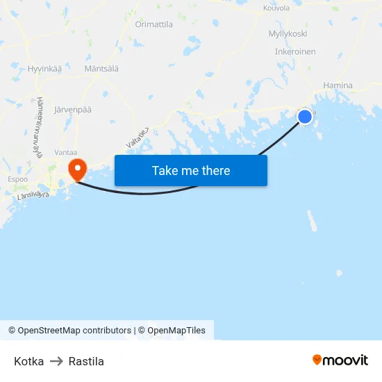 Kotka to Rastila map