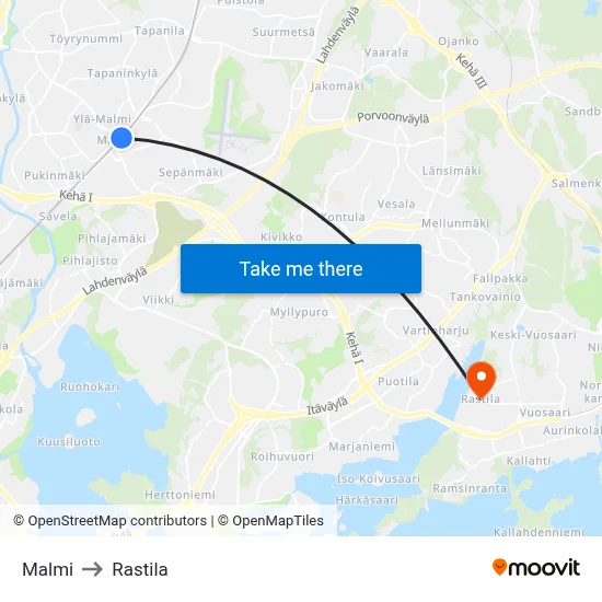 Malmi to Rastila map