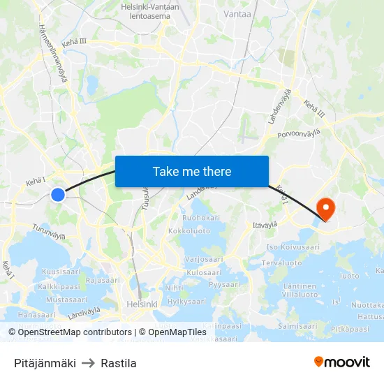 Pitajanmaki to Rastila map