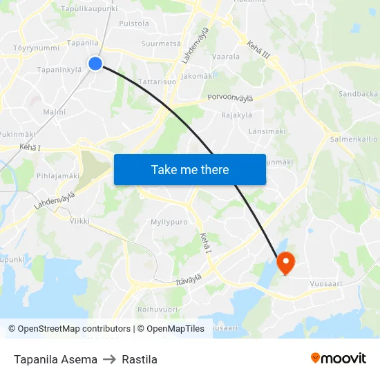 Tapanila Asema to Rastila map