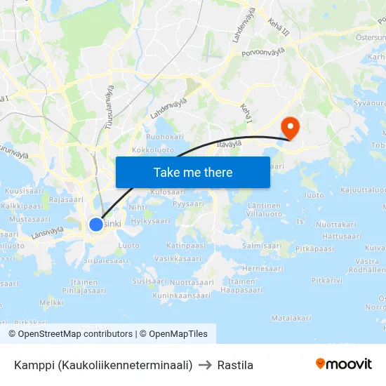 Kamppi (Long-distance Terminal) to Rastila map