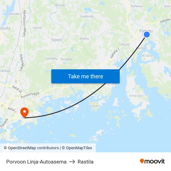 Porvoo Bus Station to Rastila map