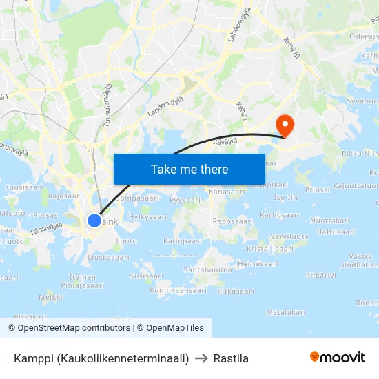 Kamppi (Long-distance Terminal) to Rastila map