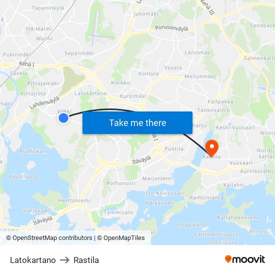 Latokartano to Rastila map