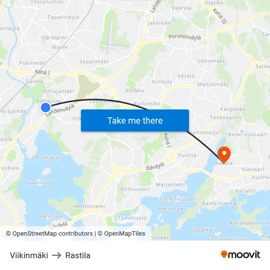 Viikinmäki to Rastila map