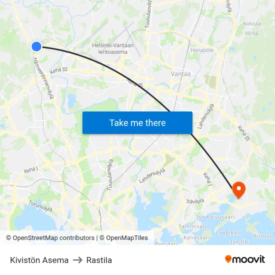 Kivisto Station to Rastila map