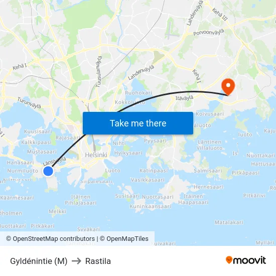 Gyldénintie (M) to Rastila map