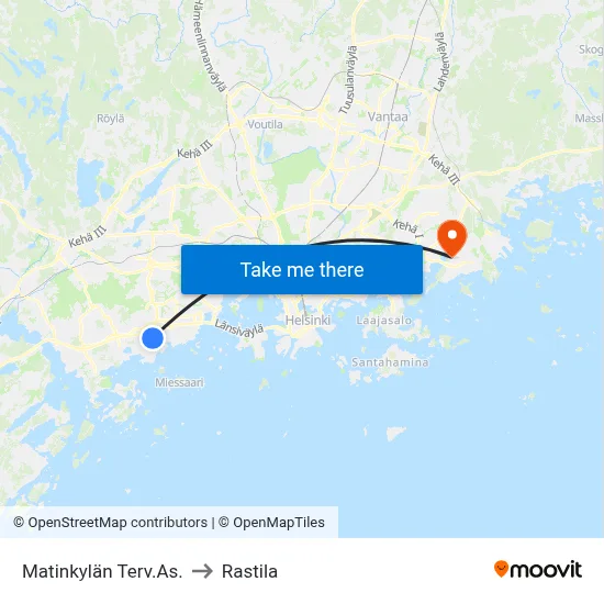 Matinkylä Health Center to Rastila map