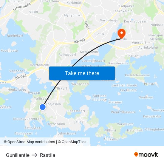 Gunillantie to Rastila map