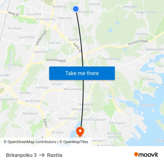 Birkanpolku 3 to Rastila map