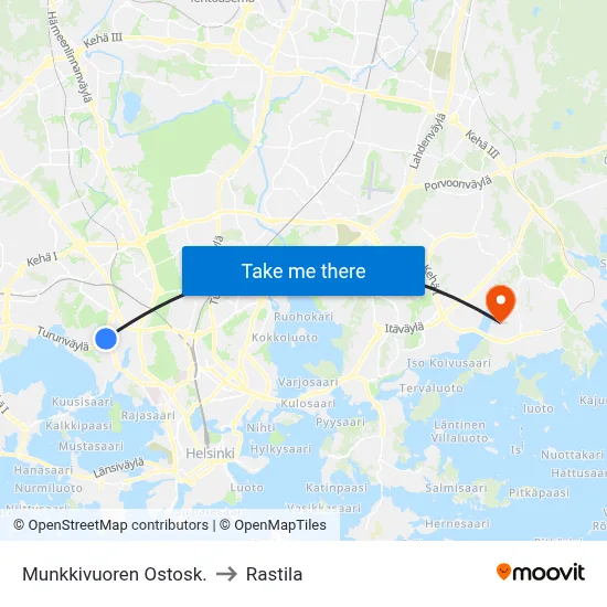 Munkkivuori Shopping Center to Rastila map