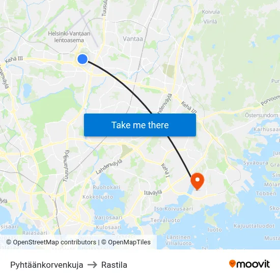 Pyhtaankorventie to Rastila map