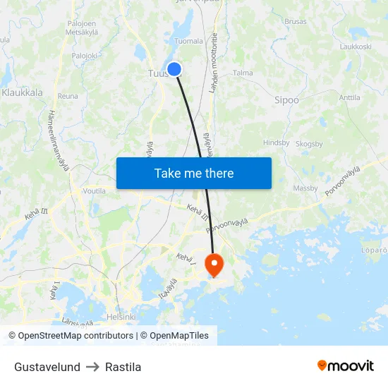 Gustavelund to Rastila map
