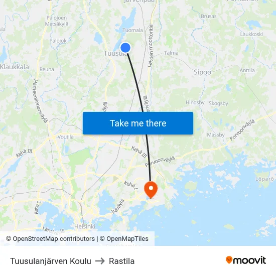 Lake Tuusula School to Rastila map