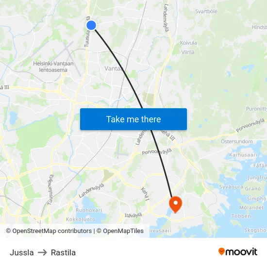 Jussla to Rastila map