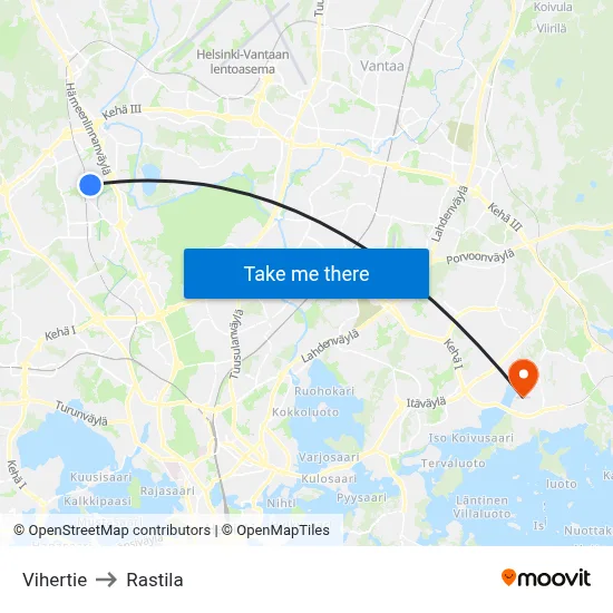 Vihertie to Rastila map