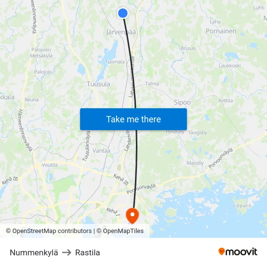 Nummenkylä to Rastila map