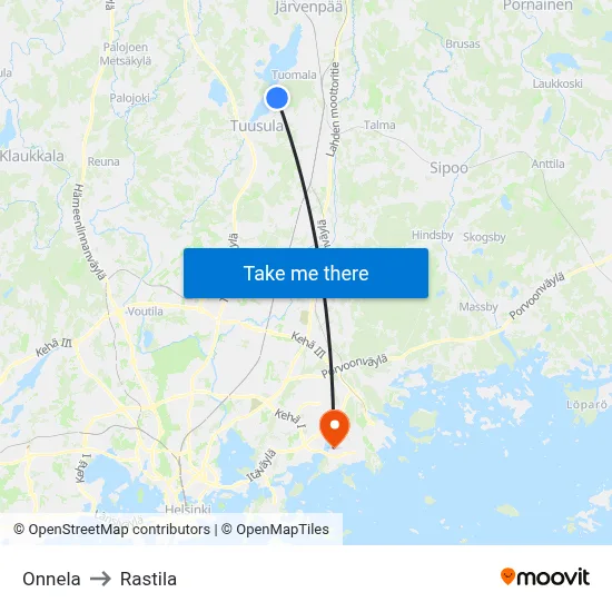 Onnela to Rastila map