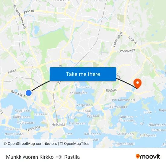 Munkkivuoren Kirkko to Rastila map