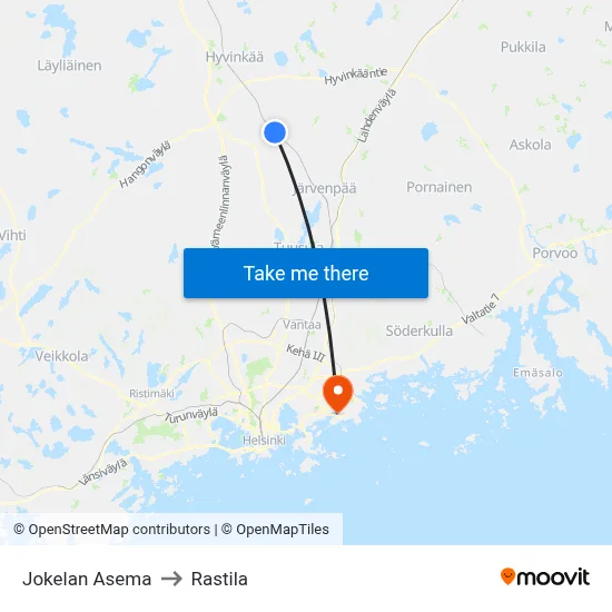 Jokela Station to Rastila map