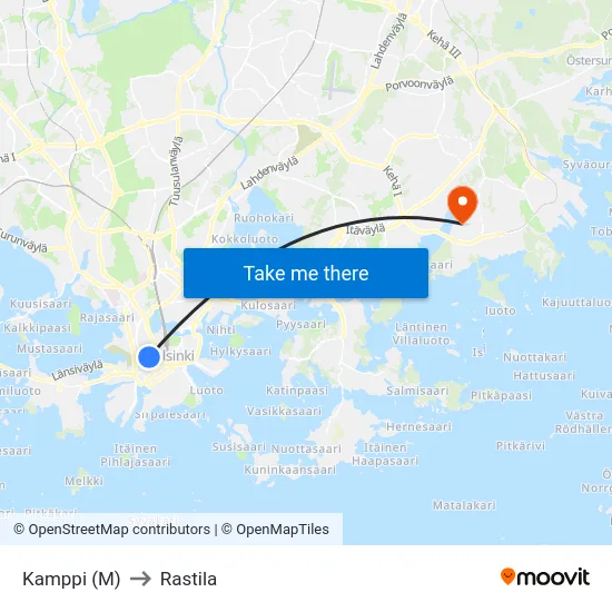 Kamppi (M) to Rastila map
