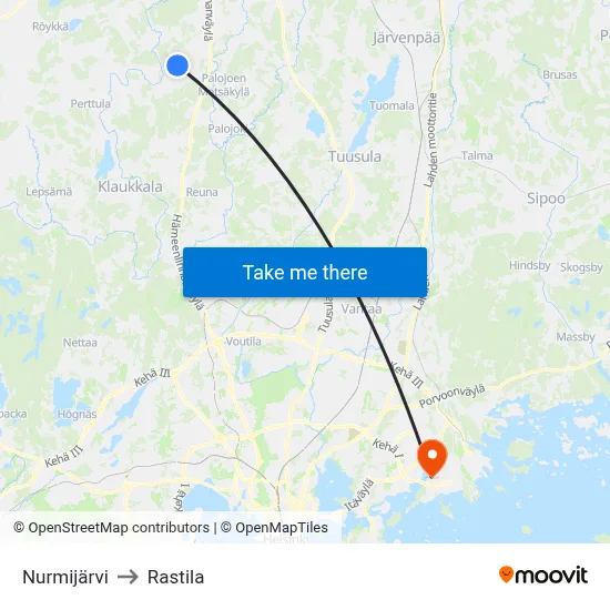 Nurmijärvi to Rastila map