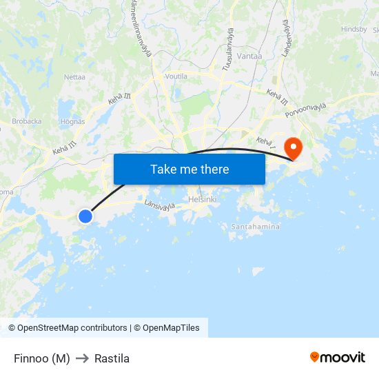 Finnoo (M) to Rastila map