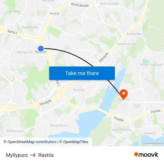 Myllypuro to Rastila map