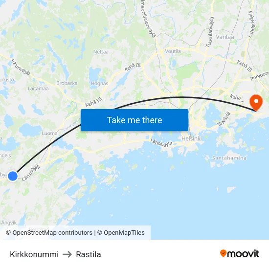 Kirkkonummi to Rastila map