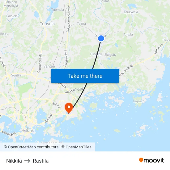 Nikkilä to Rastila map
