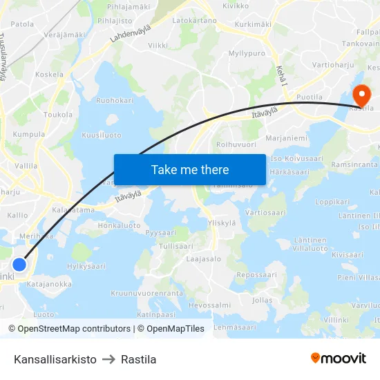 Kansallisarkisto to Rastila map