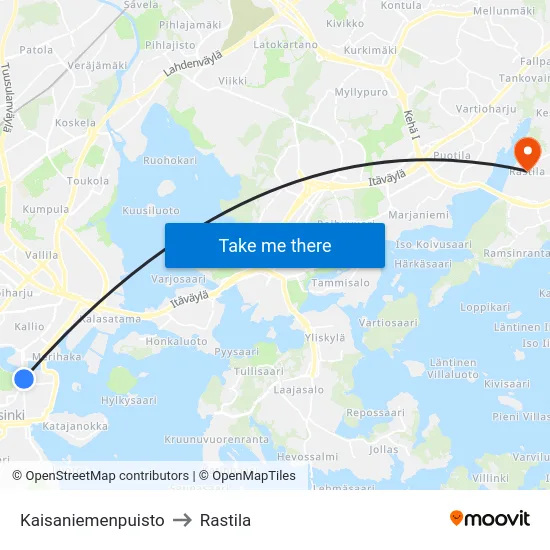 Kaisaniemenpuisto to Rastila map