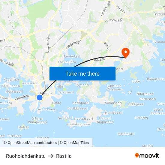Ruoholahdenkatu to Rastila map