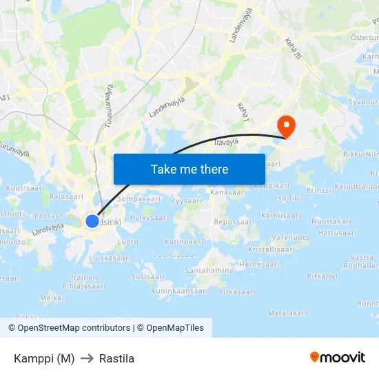 Kamppi (M) to Rastila map