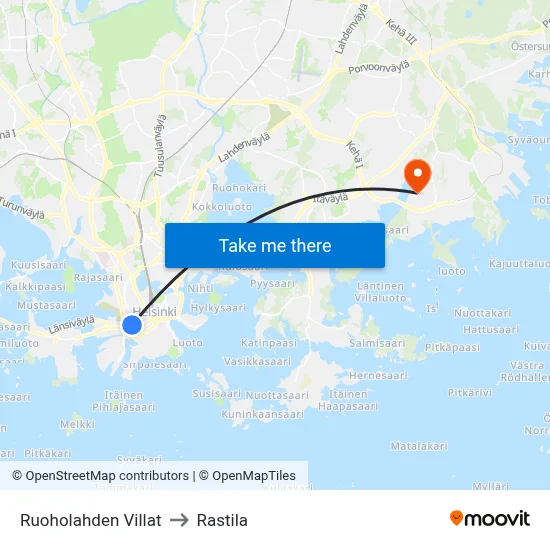 Ruoholahti Villas to Rastila map
