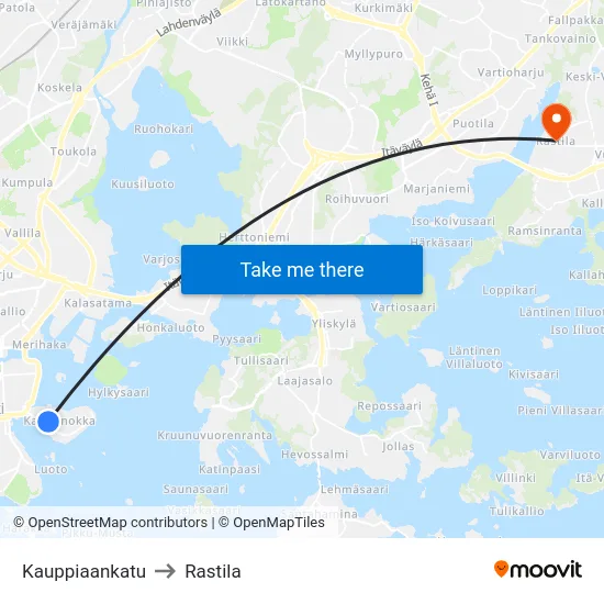 Kauppiaankatu to Rastila map