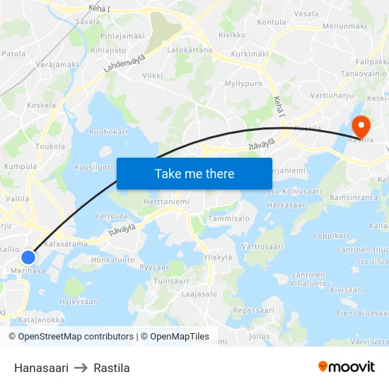 Hanasaari to Rastila map