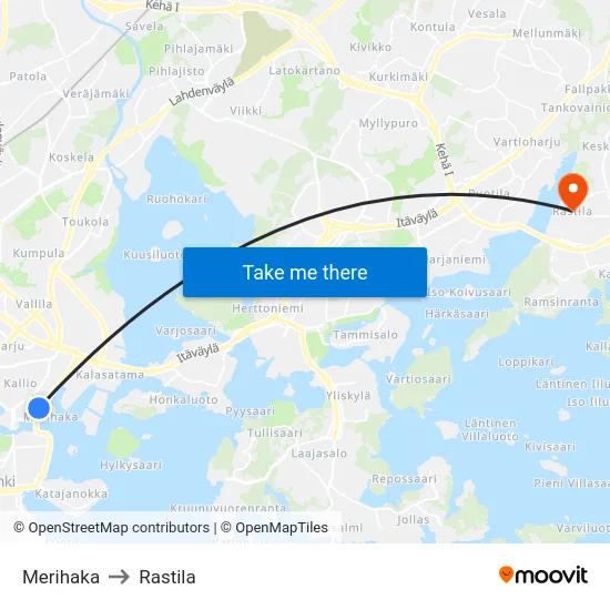 Merihaka to Rastila map