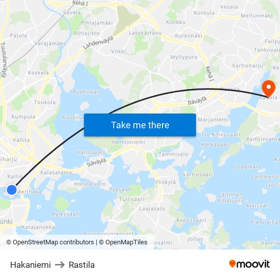 Hakaniemi to Rastila map