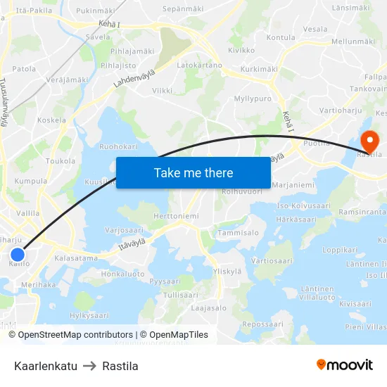 Kaarlenkatu to Rastila map