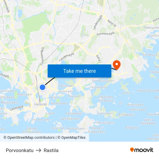 Porvoonkatu to Rastila map