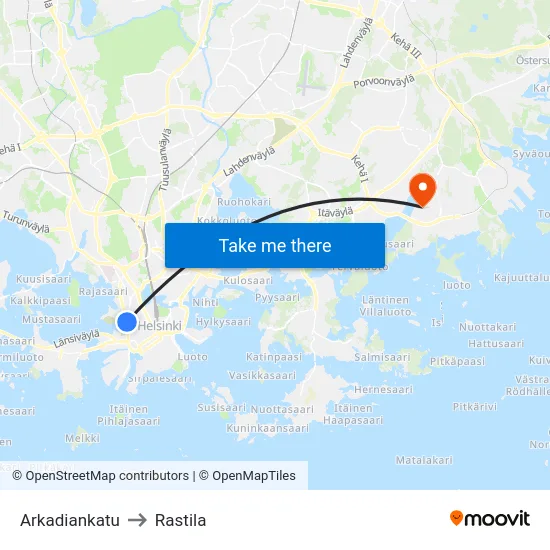 Arkadiankatu to Rastila map