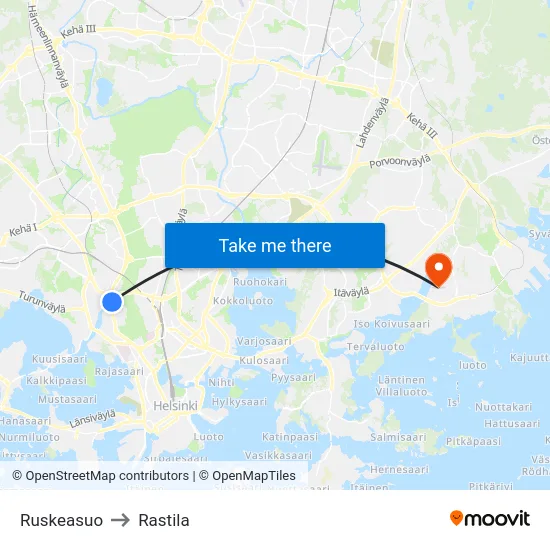Ruskeasuo to Rastila map