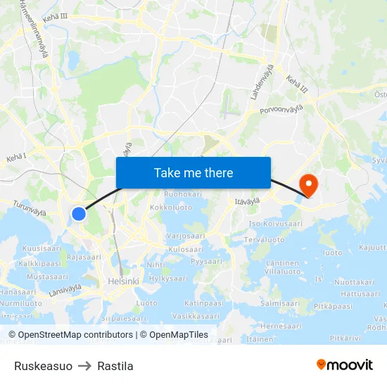 Ruskeasuo to Rastila map