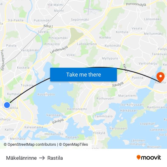 Mäkelänrinne to Rastila map