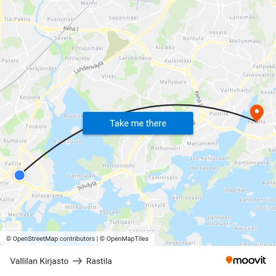 Vallila Library to Rastila map