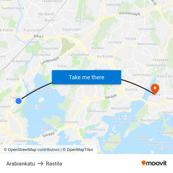Arabiankatu to Rastila map