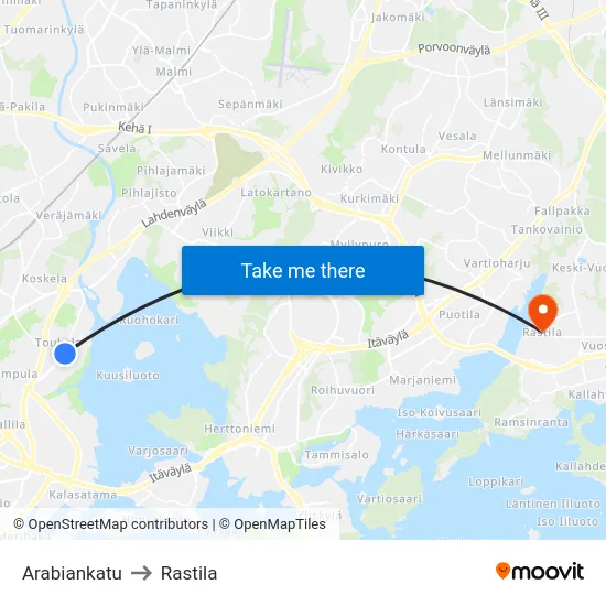 Arabiankatu to Rastila map